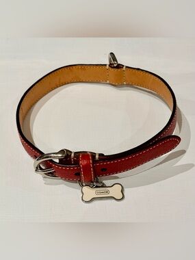 Vintage COACH Red Leather Dog Collar with Cream Bone ID Tag | Medium | Pristine